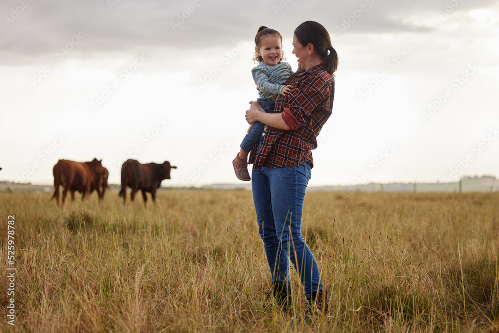 Sustainability, agriculture and countryside farm mother and daughter