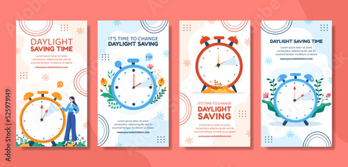 Daylight Savings Time Social Media Stories Template Hand Drawn Cartoon Flat Illustration