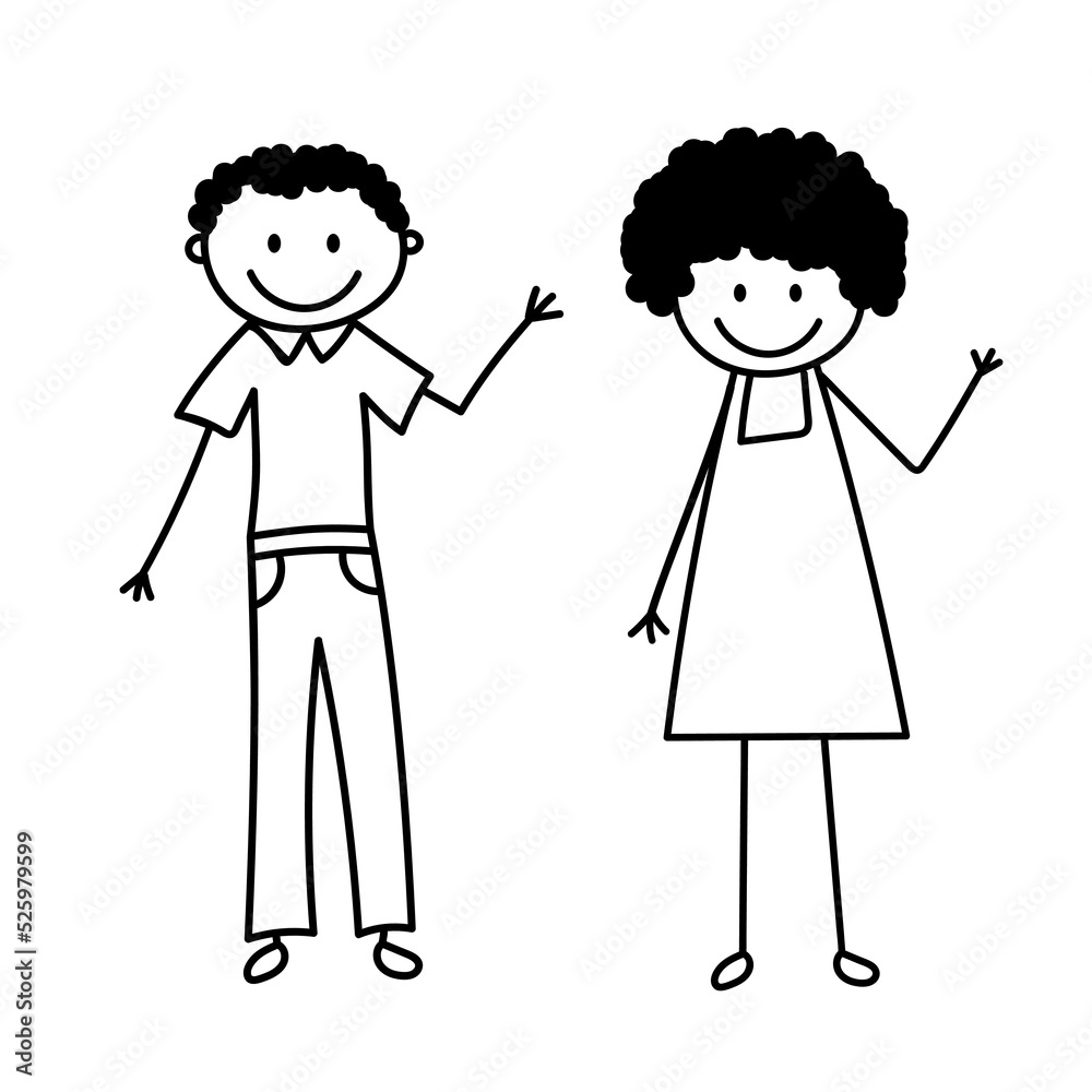Set of doodle figures. Cute stick man and woman waving hand. Vector illustration isolated on white Set of doodle figures. Cute stick man and woman waving hand. Vector illustration isolated on white