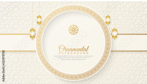 Islamic Arabic  White Luxury Background with Geometric pattern and Beautiful Ornament with Lanterns