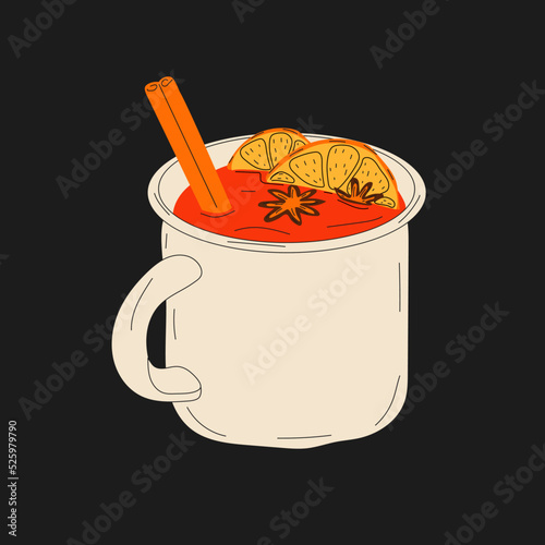 Mulled wine in a cup. Mulled wine with cinnamon.Vector in cartoon style. All elements are isolated