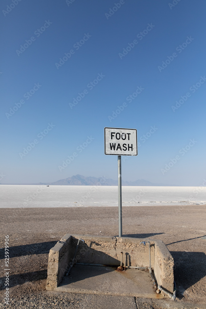 Foot wash sign at Bonneville Salt Flats in Utah