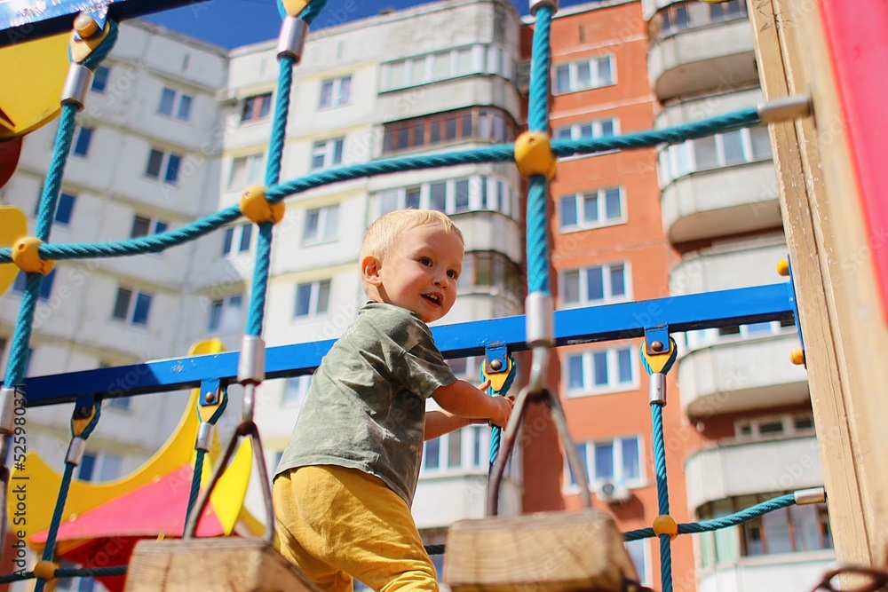 Boy at rope park in yard