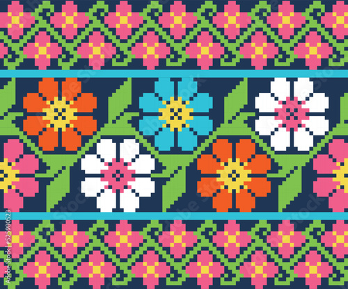 Hispanic Traditional Mexican Textile Flowers Cross Stitch Pattern Wallpaper 2