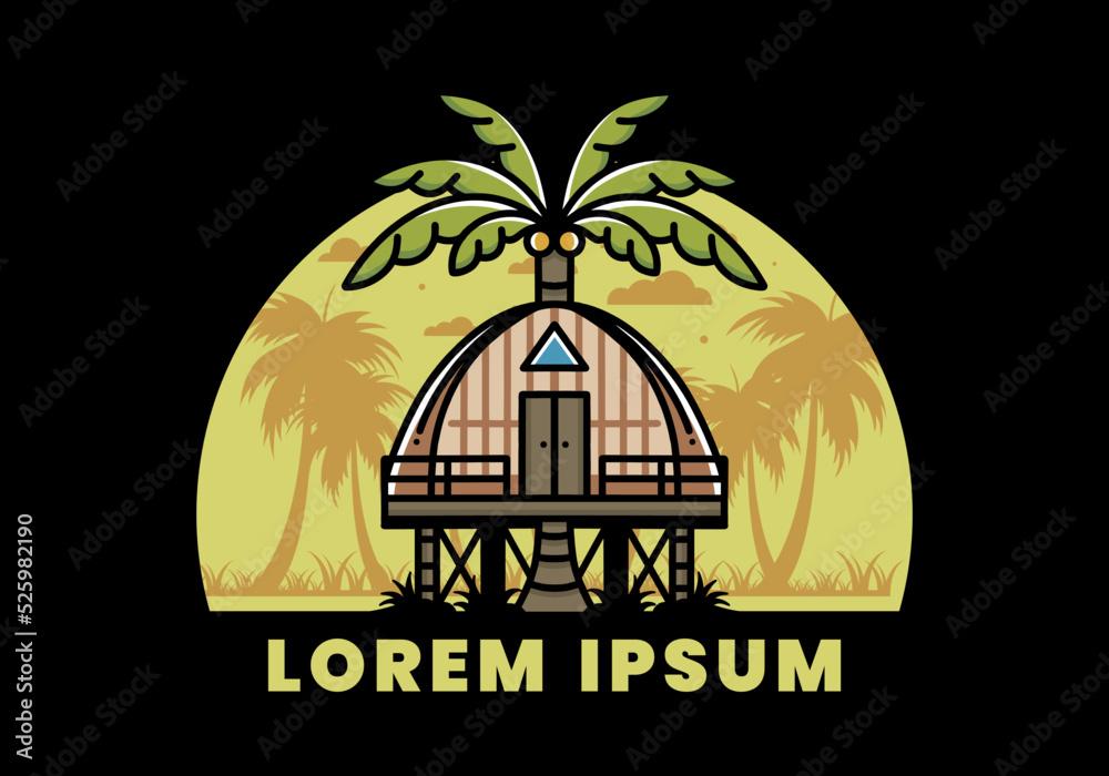 Wooden house with big coconut tree badge design