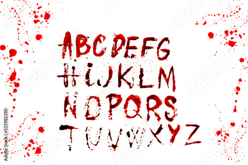 bloody Letters with streaks and blood stains in bloody splatter frame.Halloween alphabet. Letters written in blood. Horror and crime. Crime alphabet