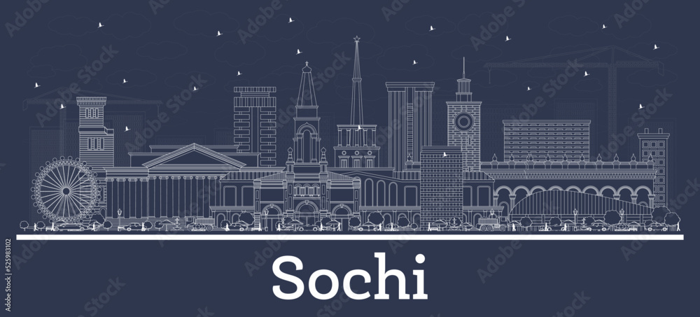 Outline Sochi Russia City Skyline with White Buildings.