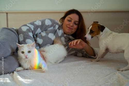 Caucasian woman holding white fluffy cat and Jack Russell Terrier dog lying on bed. Redhead girl hugging pets. 