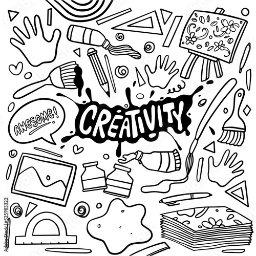 Hand drawn of panting and creativity in doodle style isolated on white background, Vector hand drawn set creativity theme. Vector illustration