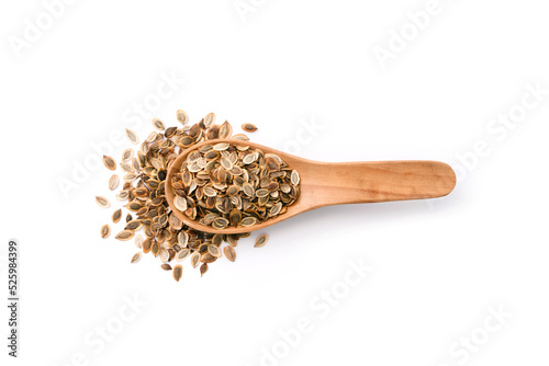 Dry dill seeds in wooden spoon isolated on white background , top view , flat lay.