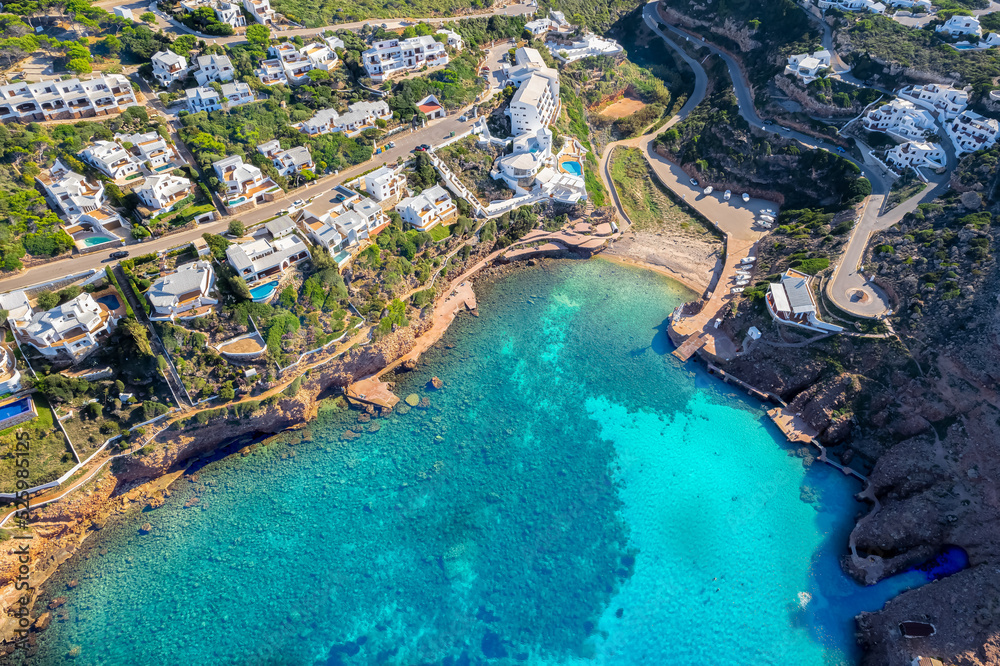 Landscape with aerial view of Cala Morell, Menorca island, Spain