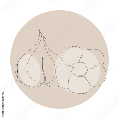 Garlic vegetable in continuous line with colorful geometric elements. Garlic minimalist black linear sketch with color spots isolated on white background. Vector one line