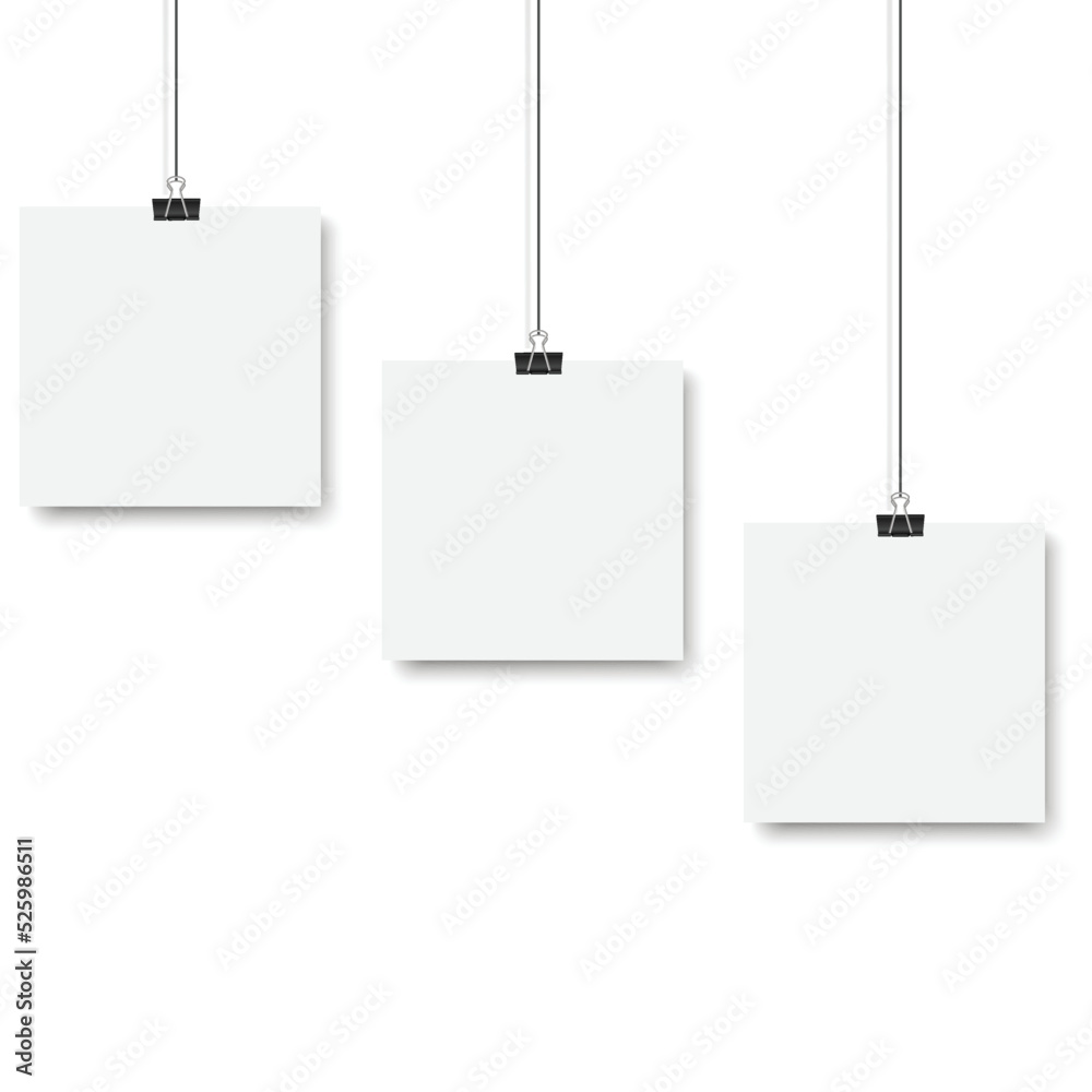 Blank posters hanging on a binder clips. White paper sheet hangs on a rope with clips. Vector Blank posters hanging on a binder clips. White paper sheet hangs on a rope with clips. Vector