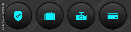 Set Shield with check mark, Suitcase for travel, Car DVR and Credit card icon. Vector