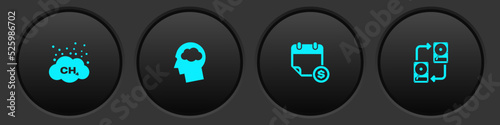Set Methane emissions reduction, Head silhouette with cloud, Financial calendar and Data exchange hhd icon. Vector