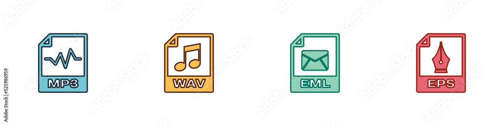 Set MP3 file document, WAV, EML and EPS icon. Vector