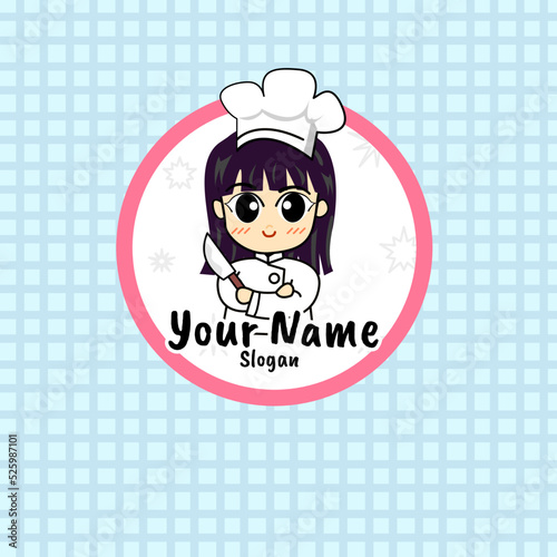 vector cute girl chef cartoon in cooking suit with knife illustration logo