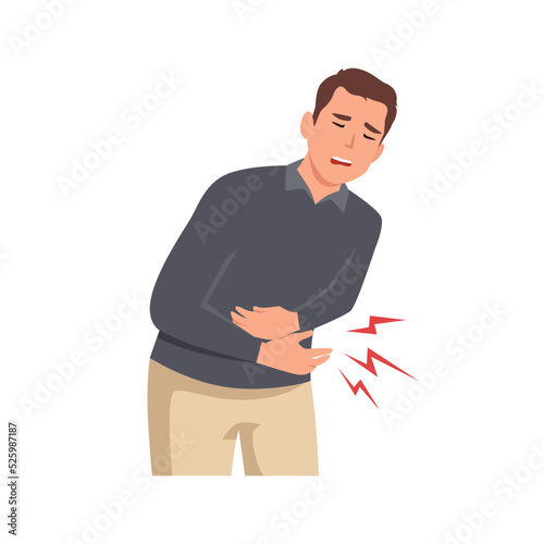 Young man stomachache touching belly with stomach icon in a bubble. Flat vector illustration isolated on white background