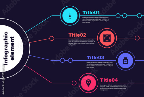 Set Anal beads, Condom in package, Bottle with pills for potency and Location heart. Business infographic template. Vector