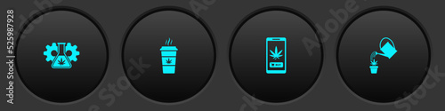 Set Test tube with marijuana, Cup coffee, Online buying and Watering can icon. Vector