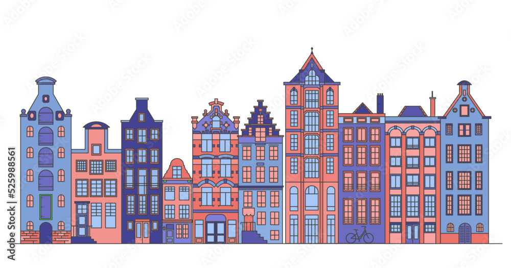 Row of Amsterdam style houses. Facades of European old buildings for Christmas decoration. Vector flat illustration