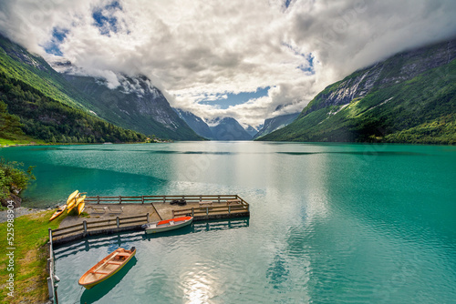  View of the mountains and Lake Lovatnet, near the village of Stry, Norway