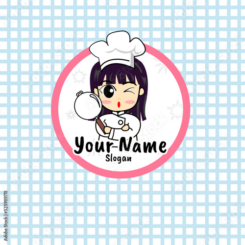 vector cute chef logo in chef uniform with pan bakery illustration