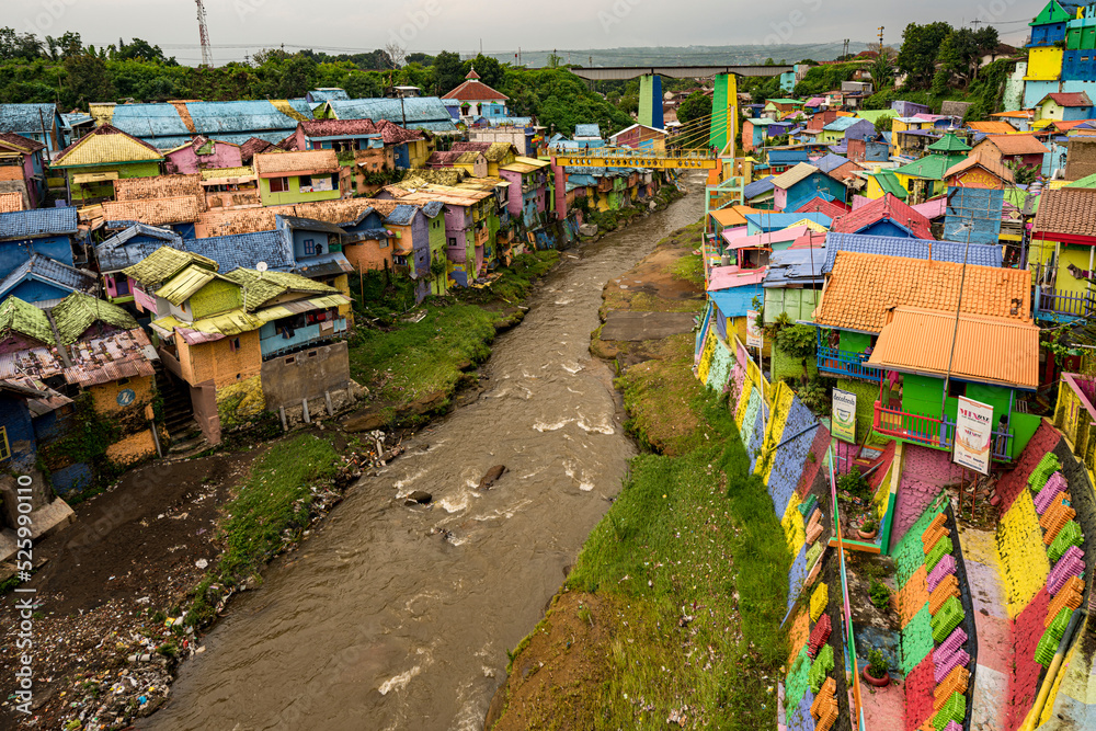 Fototapeta premium Java, Indonesia, June 13, 2022 - Malang Village of Color overview as seen from bridge Malang Village of Color overview as seen from bridge.