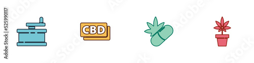 Set Manual grinder, Cannabis molecule, Medical pills with marijuana and Marijuana or cannabis plant icon. Vector