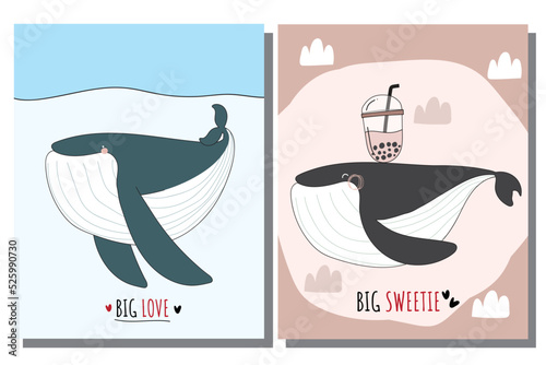 Flat cute animal collection big whale illustration for kids. Cute whale character
