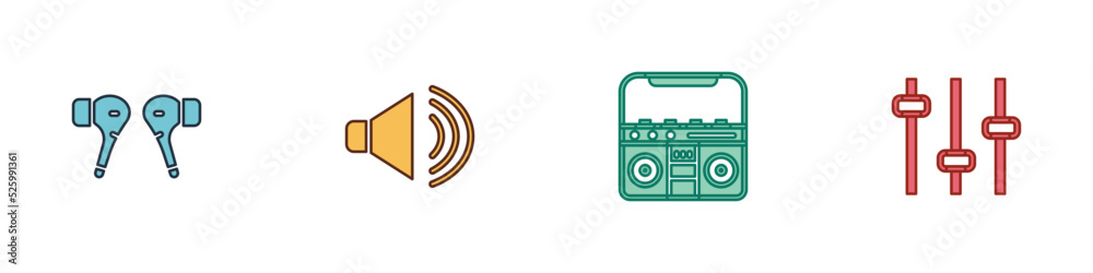 Set Air headphones, Speaker volume, Home stereo with speakers and Music equalizer icon. Vector