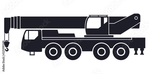 Truck crane. Vector icon isolated on white background. Black silhouette of a construction vehicle. Lifting machine on a truck chassis.
