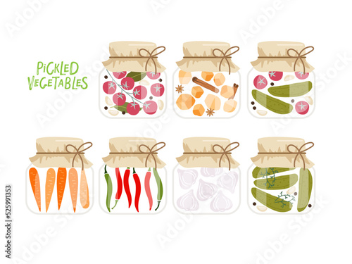 Jars preserved vegetables. Canned food set. Pickled vegetables in glass jars hand drawn doodle isolated on white background. Grocery conserve containers. Flat vector Food template