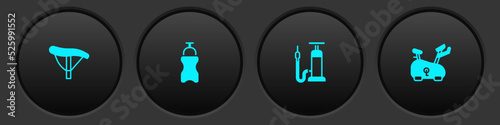 Set Bicycle seat, Sport bottle with water, air pump and Stationary bicycle icon. Vector