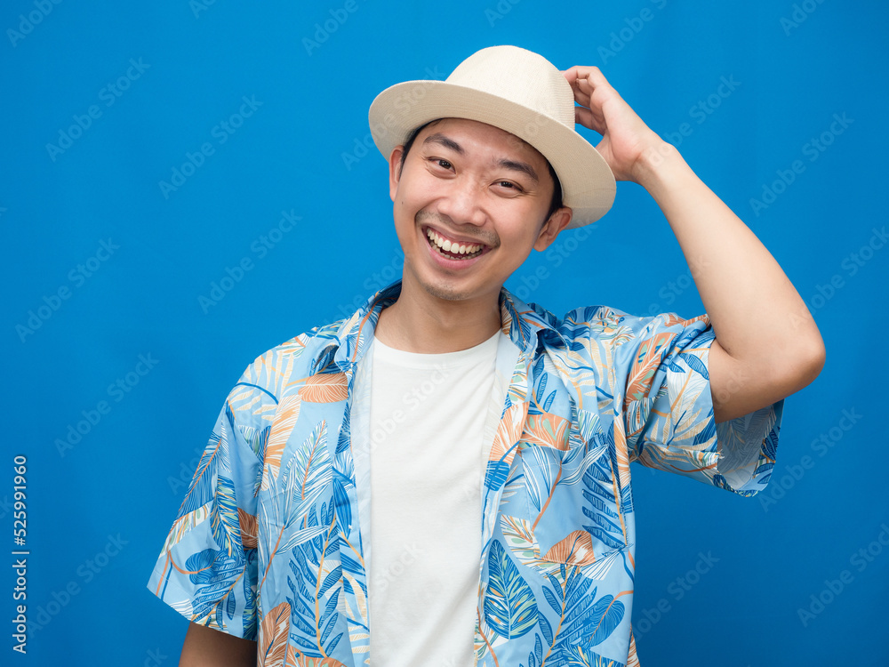 Portrait traveler man beach shirt wear hat blue background