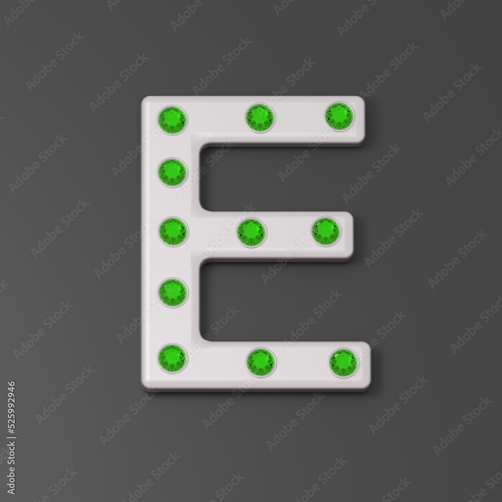 Capital letter E from silver and emeralds. Silver font with emeralds. Jewelry letters. Jewelry premium font made of silver and emerald. Black background. 3d illustration Capital letter E from silver and emeralds. Silver font with emeralds. Jewelry letters. Jewelry premium font made of silver and emerald. Black background. 3d illustration