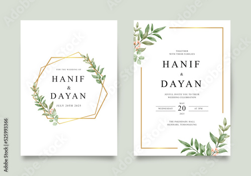 Foliage wedding invitation template with golden geometric frame