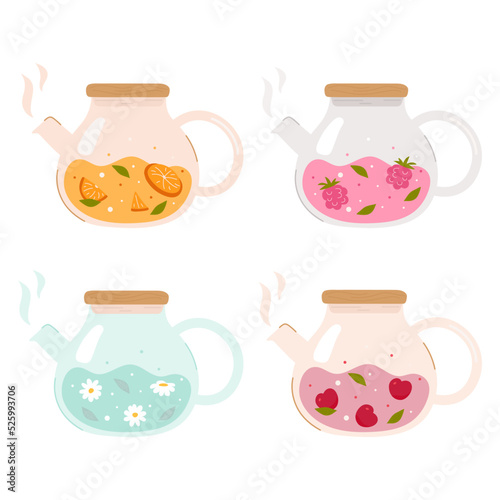 Set of glass teapots with different flavors
