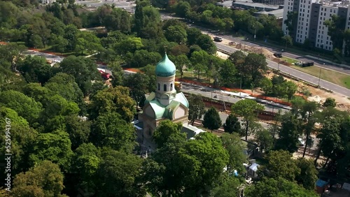 Aerial View of St John Climacus Orthodox Church and Cemetery in Warsaw, Poland photo