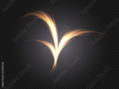 Abstract wavy golden light line on transparent background. Energy flow of light. Vector	
