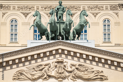 architectural composition of 4 horses on the portico of the Bolshoi Theater in Moscow, quadriga