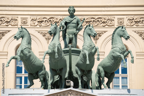 architectural composition of 4 horses on the portico of the Bolshoi Theater in Moscow, quadriga