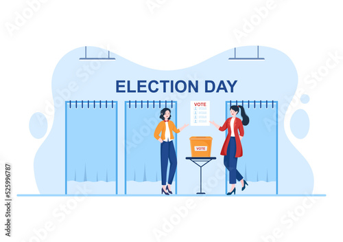 Election Day Political Hand Drawn Cartoon Flat Illustration with Voters Casting Ballots at Polling Place in United States Suitable for Poster or Campaign