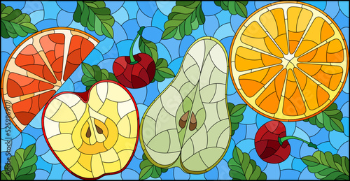 An illustration in the style of a stained glass window with juicy fruits and berries, on a blue background