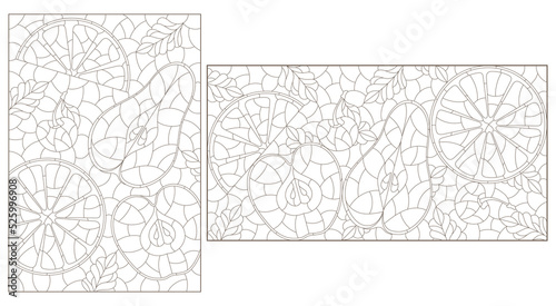 A set of contour illustrations with fruits, dark contours on a white background