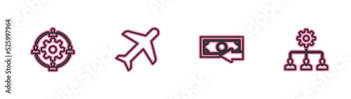 Set line Outsourcing concept, Cash back, Plane and Lead management icon. Vector