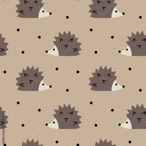 Vector seamless pattern with cartoon hedgehogs and dots. Simple wallpaper for kids with a forest animal.
