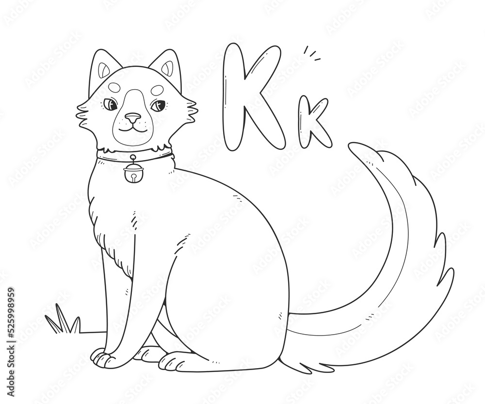 Naklejka premium Cat coloring book with russian large and small letters K. Children's coloring page alphabet. Vector linear illustration with an animal.