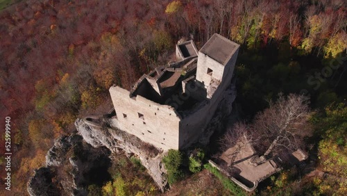 Damaged old castle ruins with no roof in Germany, aerial photo