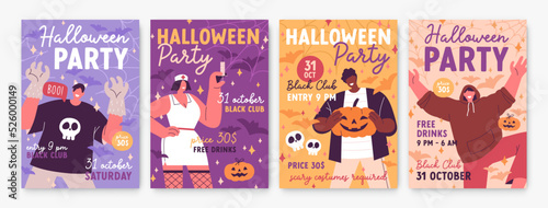 Halloween party flyers set. October holiday ad posters backgrounds. Promotion cards templates, vertical promo banners designs for creepy spooky carnival night. Colored flat vector illustrations